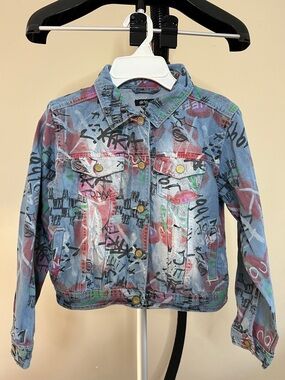 🎨🖼️🧑‍🎨👩‍🎤Girls' Multicolor Graffiti Denim Jacket